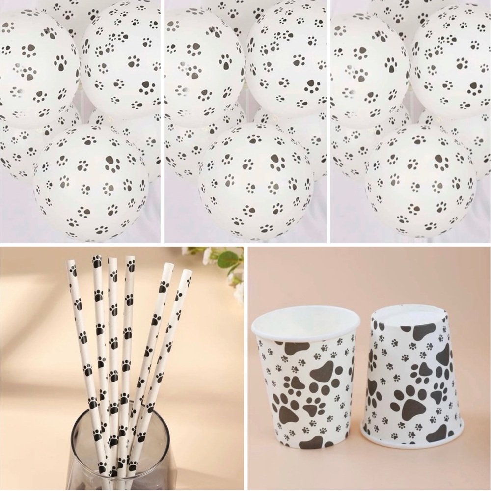 Paw Print Party Supplies Decorations Set of 18 Balloons, 10 Straws, 10 Cups